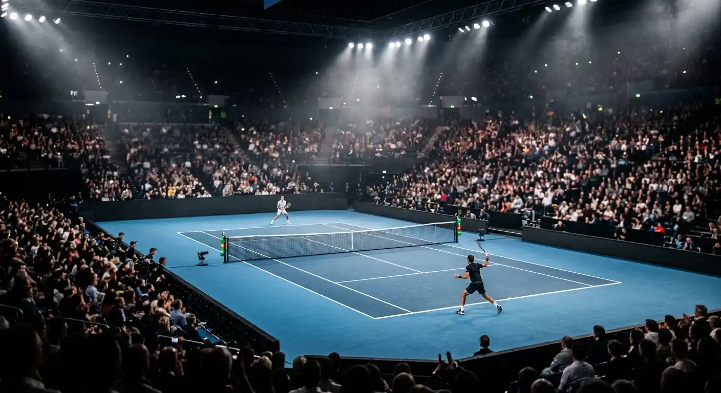 Vollbesetzte ATP-Masters-1000-Arena mit Centre-Court-Beleuchtung während eines Abendmatches